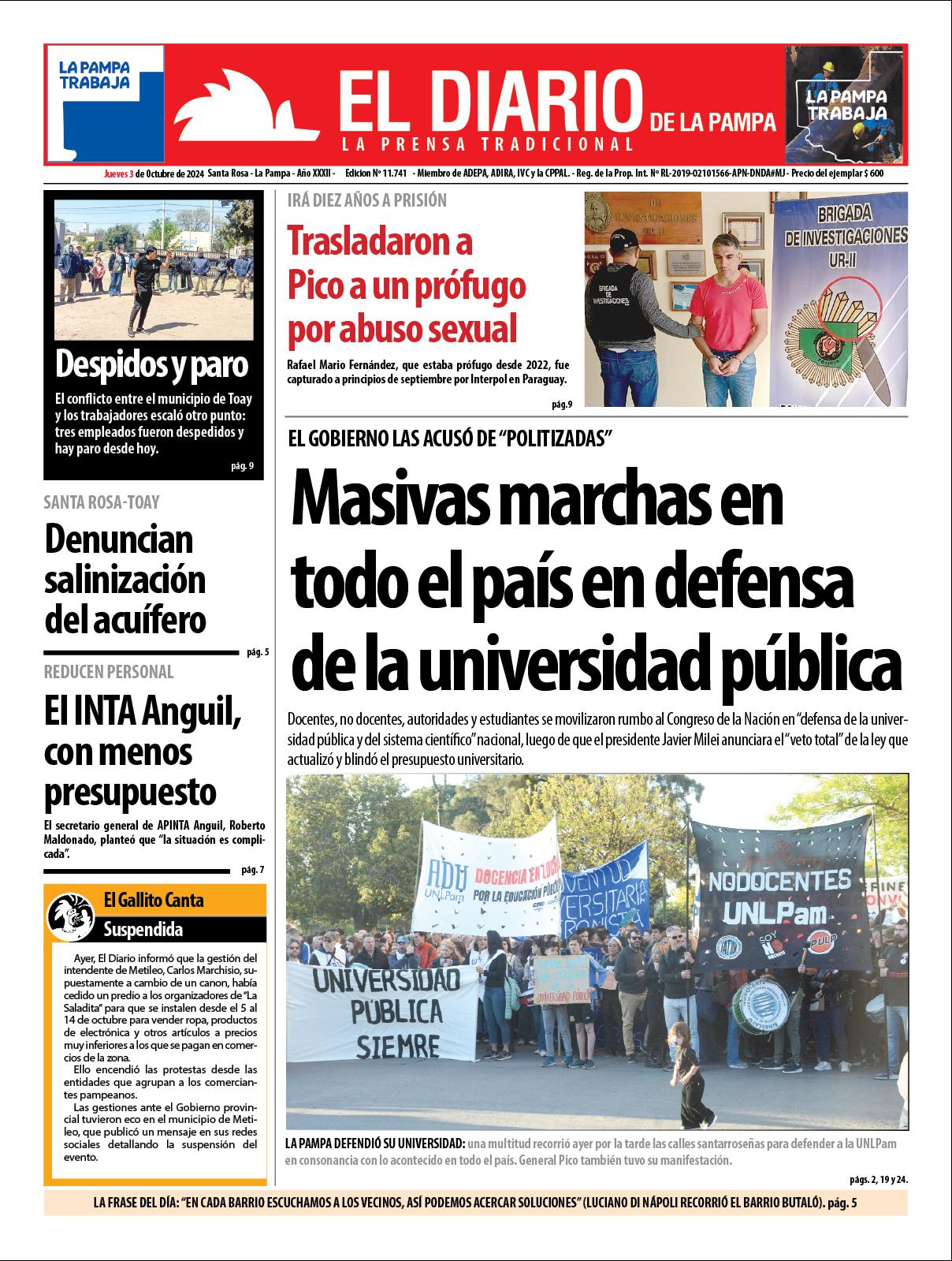 Tapa de El Diario en papel  jueves 03 de octubre de 2024